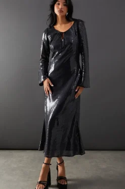 Sequin Keyhole Tie Front Midi Dress