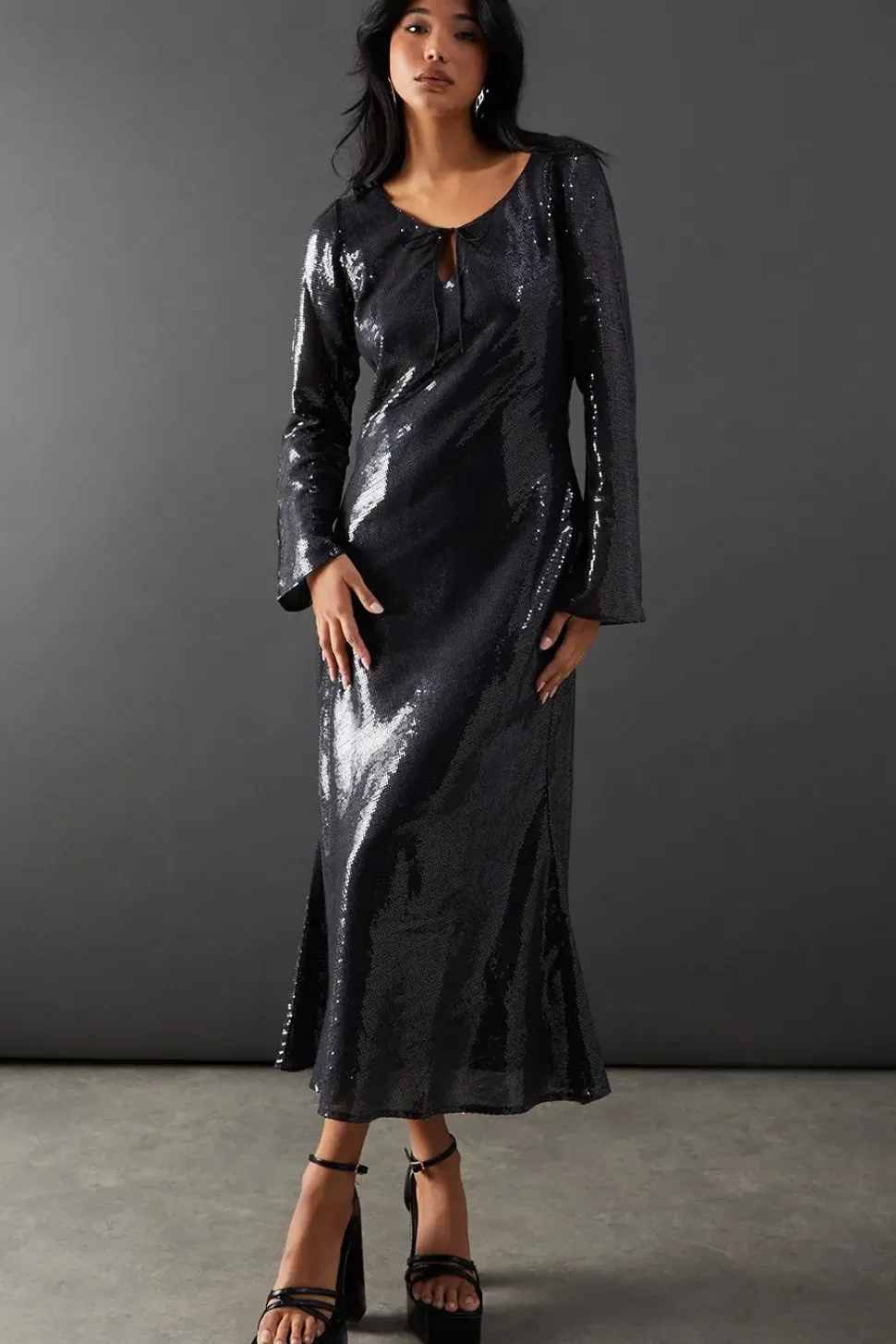 Sequin Keyhole Tie Front Midi Dress