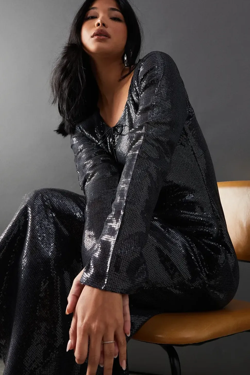 Sequin Keyhole Tie Front Midi Dress