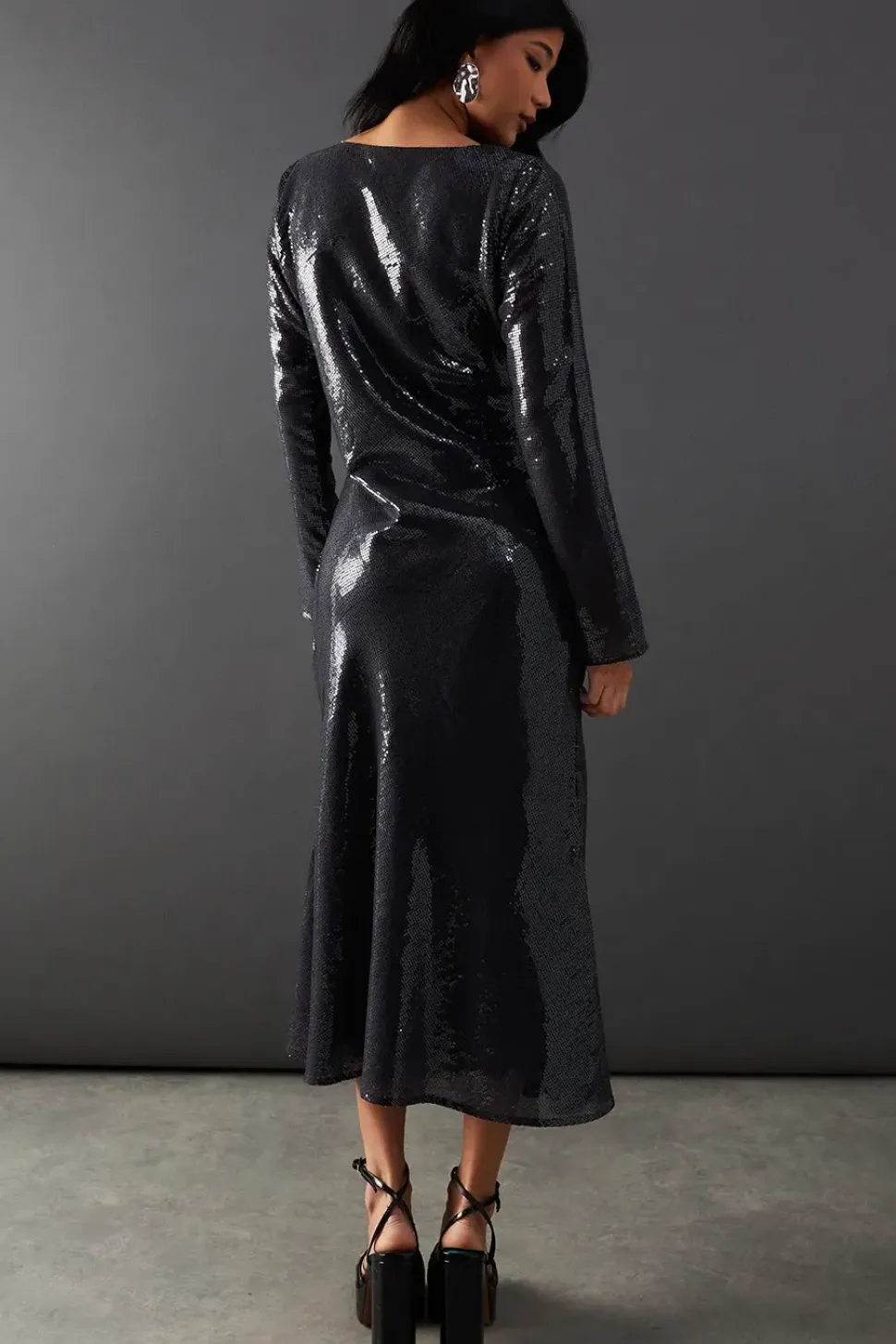 Sequin Keyhole Tie Front Midi Dress