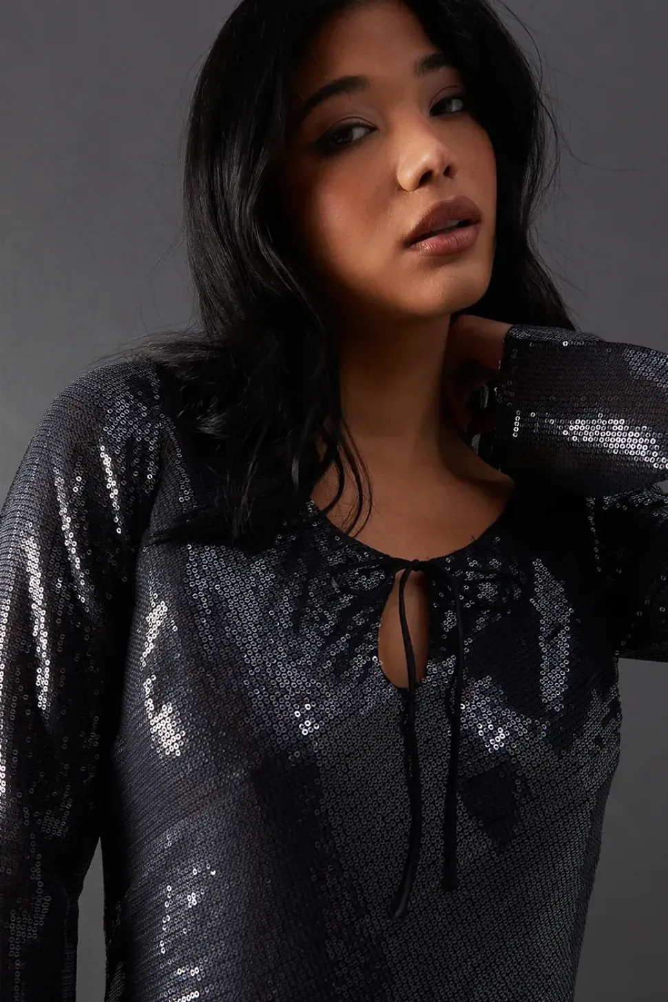 Sequin Keyhole Tie Front Midi Dress