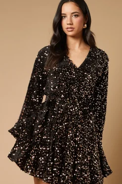 Sequin Long Sleeve Button Detail Mini Dress