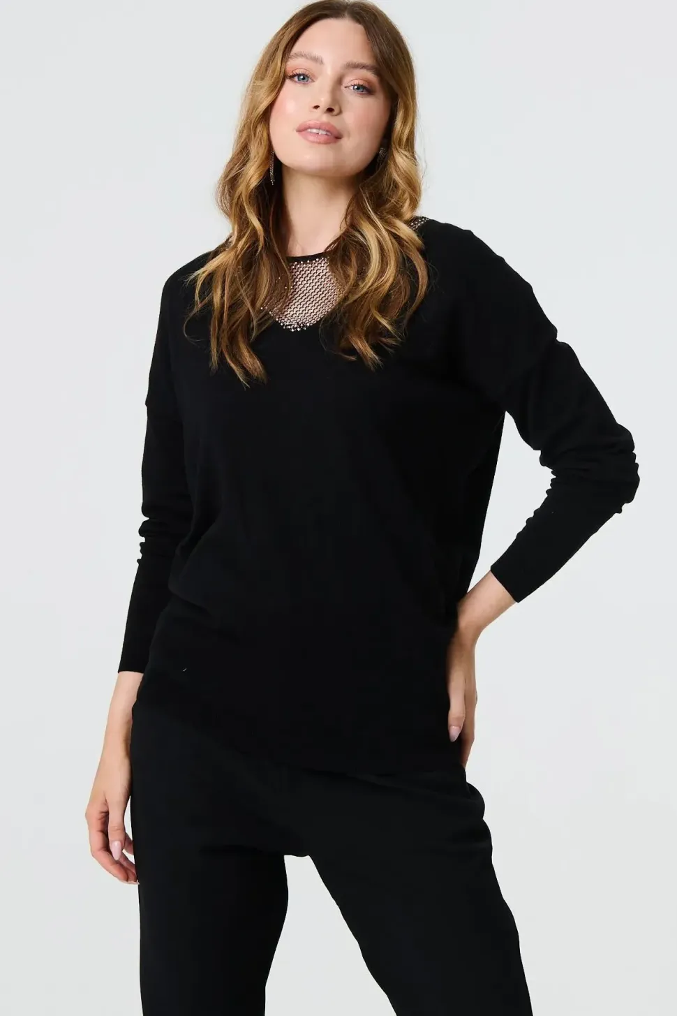 Sequin Mesh V-Neck Knitted Top