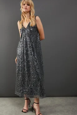 Sequin Mesh V Neck Trapeze Midi Dress