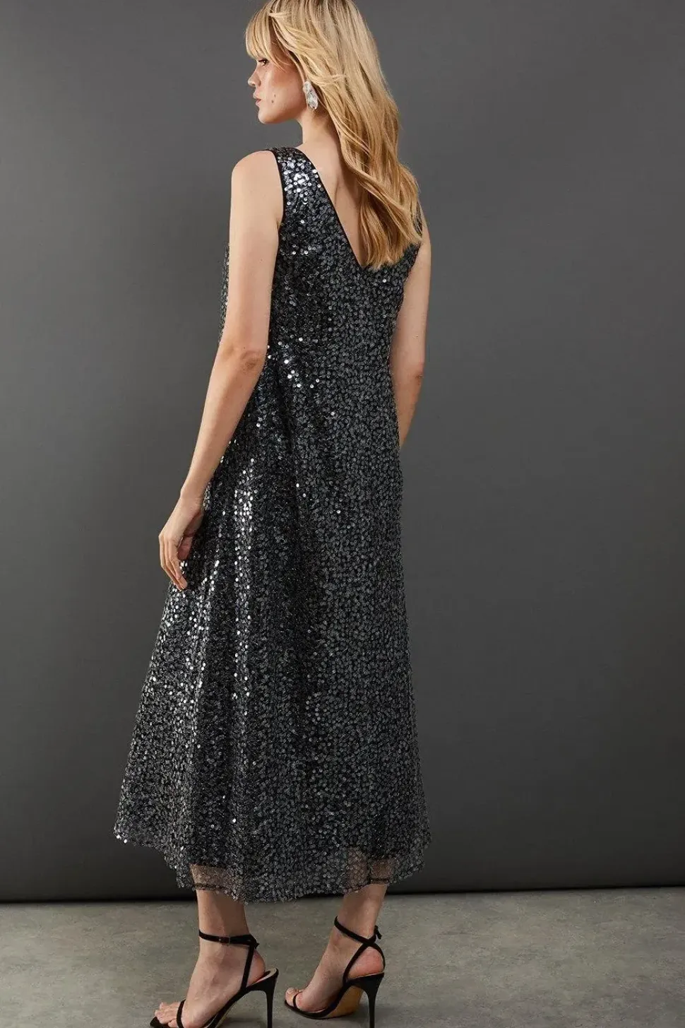 Sequin Mesh V Neck Trapeze Midi Dress