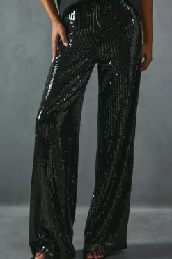 Sequin Mid Rise Elastic Waist Wide Leg Trouser
