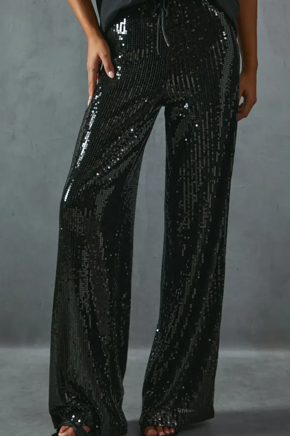 Sequin Mid Rise Elastic Waist Wide Leg Trouser
