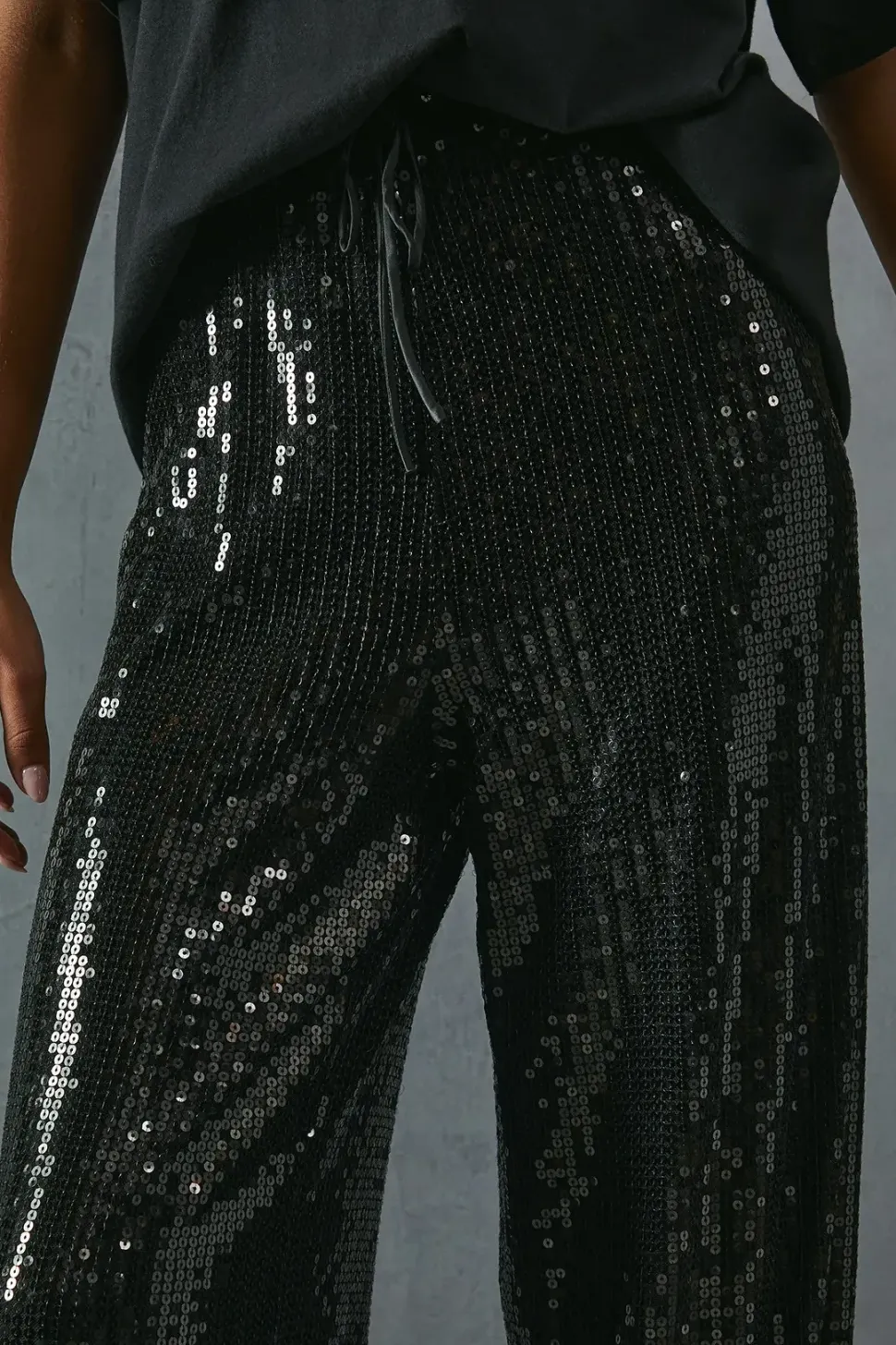 Sequin Mid Rise Elastic Waist Wide Leg Trouser