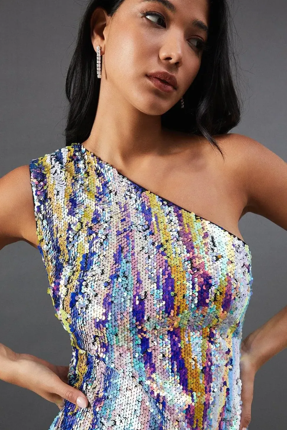Sequin One Shoulder Midi Dress