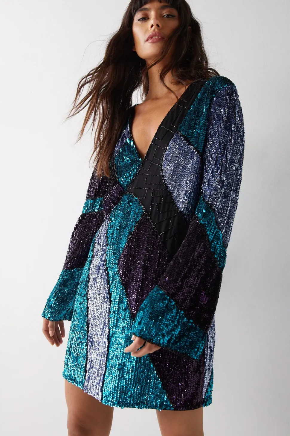 Sequin Panel Cut Out Mini Dress