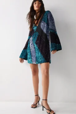 Sequin Panel Cut Out Mini Dress