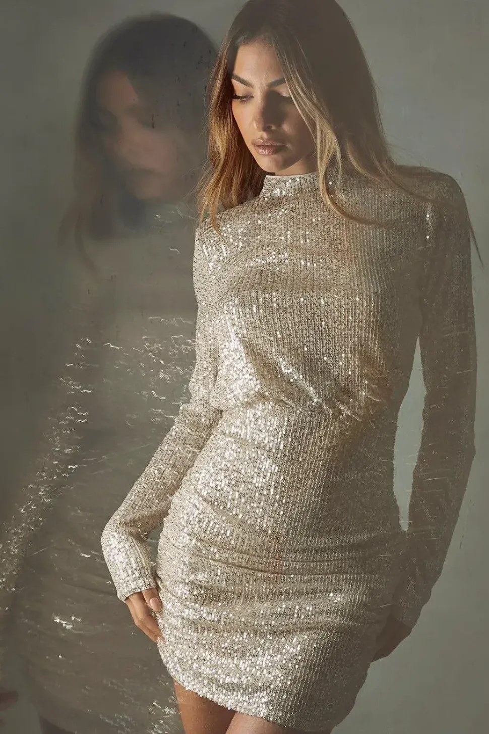 Sequin Ruched Open Back Long Sleeve Bodycon Mini Dress