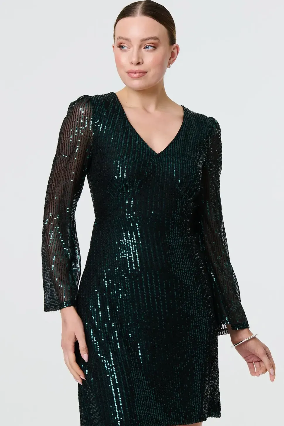Sequin Semi Sheer Long Sleeve Mini Dress