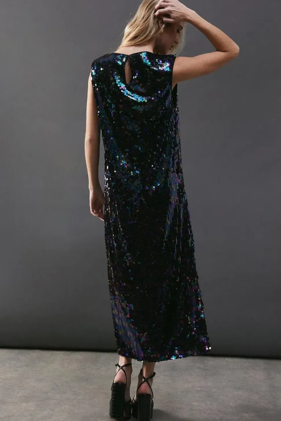 Sequin Shoulder Pad Sleeveless Midi Dress