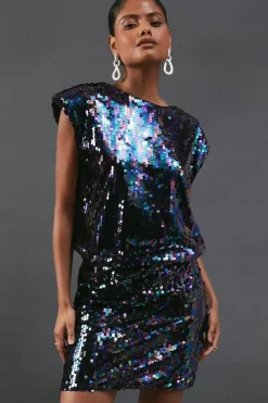Sequin Shoulder Pad Sleeveless Mini Dress