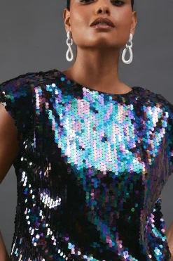 Sequin Shoulder Pad Sleeveless Mini Dress