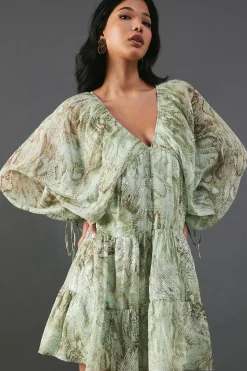Sequin Snake Embellished Volume Sleeve Mini Smock Dress