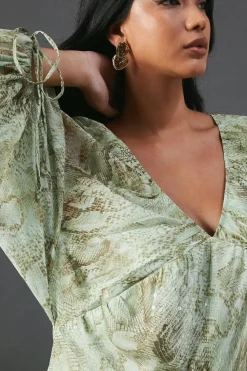 Sequin Snake Embellished Volume Sleeve Mini Smock Dress