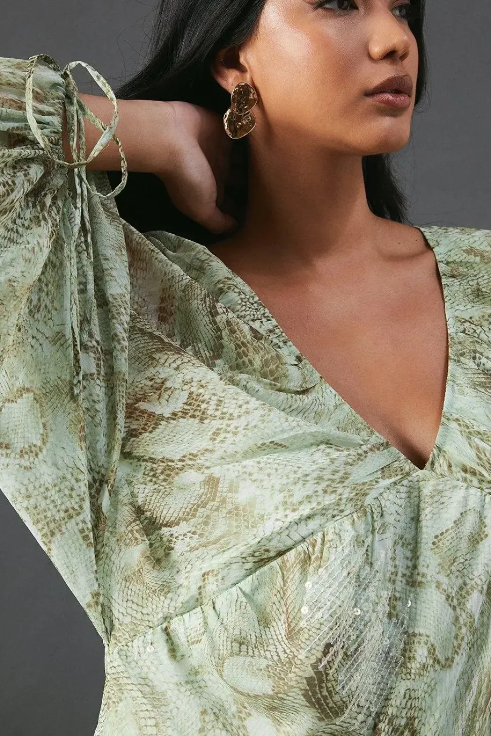 Sequin Snake Embellished Volume Sleeve Mini Smock Dress