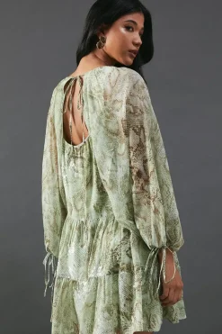 Sequin Snake Embellished Volume Sleeve Mini Smock Dress