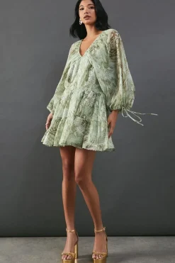 Sequin Snake Embellished Volume Sleeve Mini Smock Dress