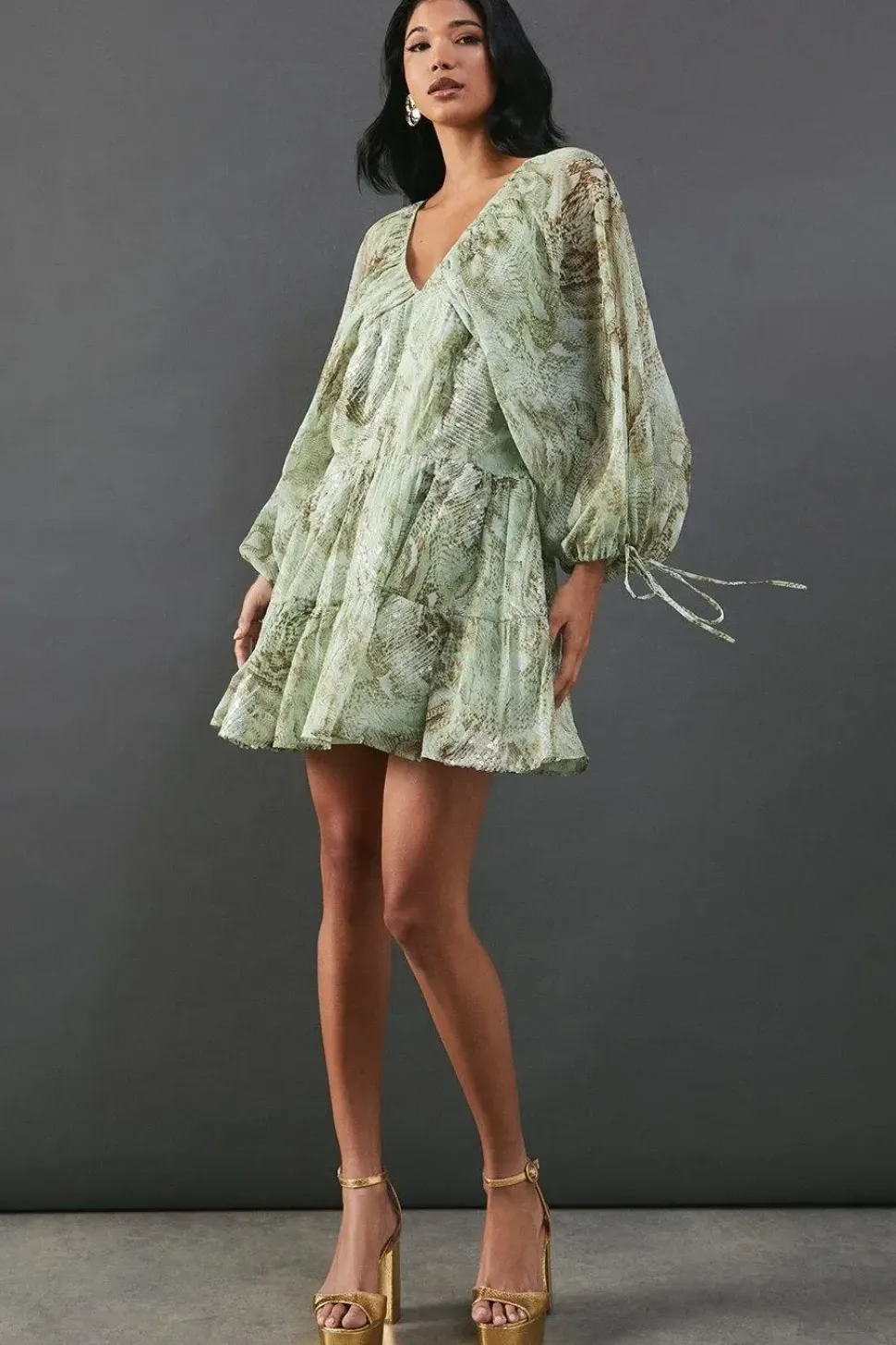 Sequin Snake Embellished Volume Sleeve Mini Smock Dress