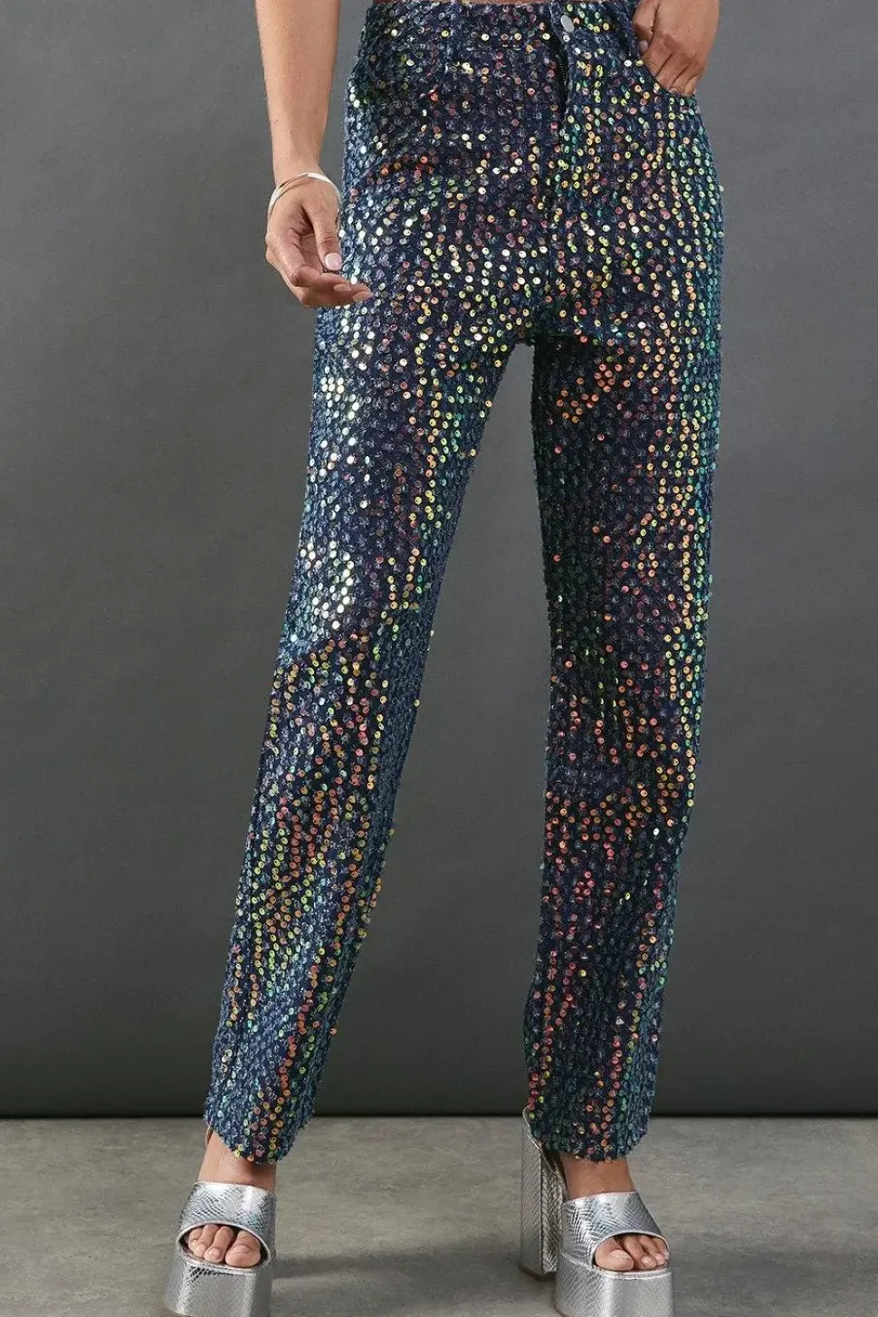 Sequin Straight Leg Denim Jeans