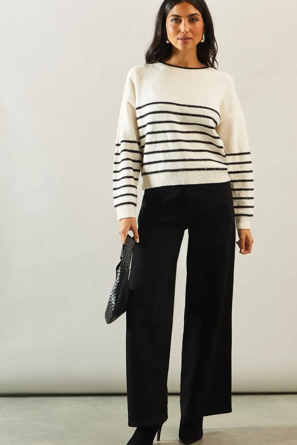 Sequin stripe crew neck jumper
