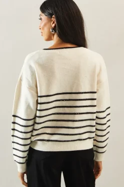 Sequin stripe crew neck jumper