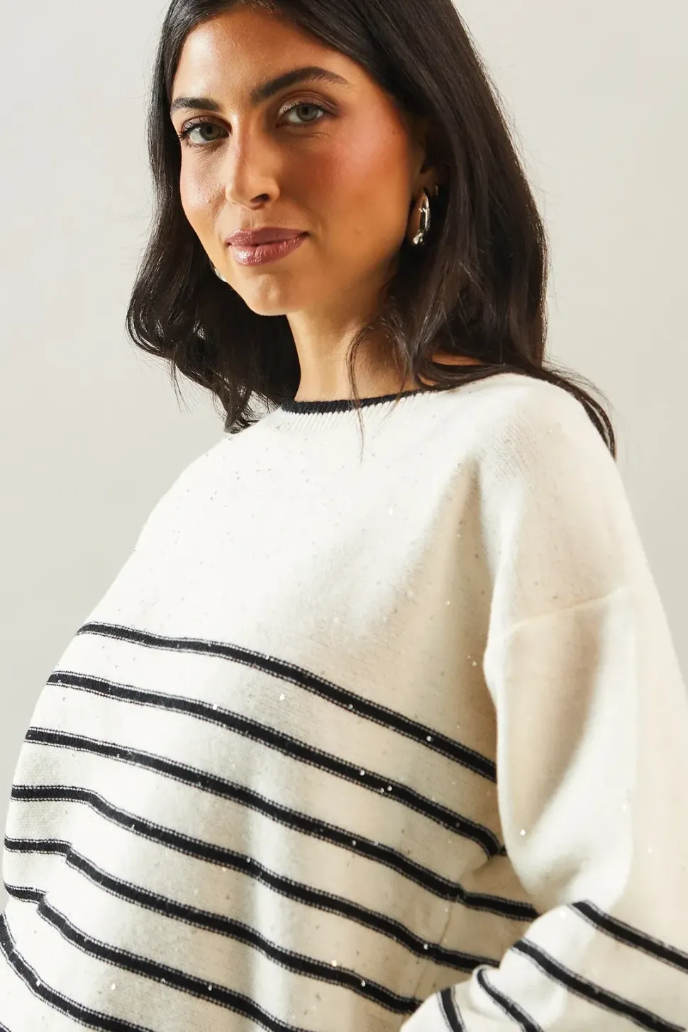 Sequin stripe crew neck jumper