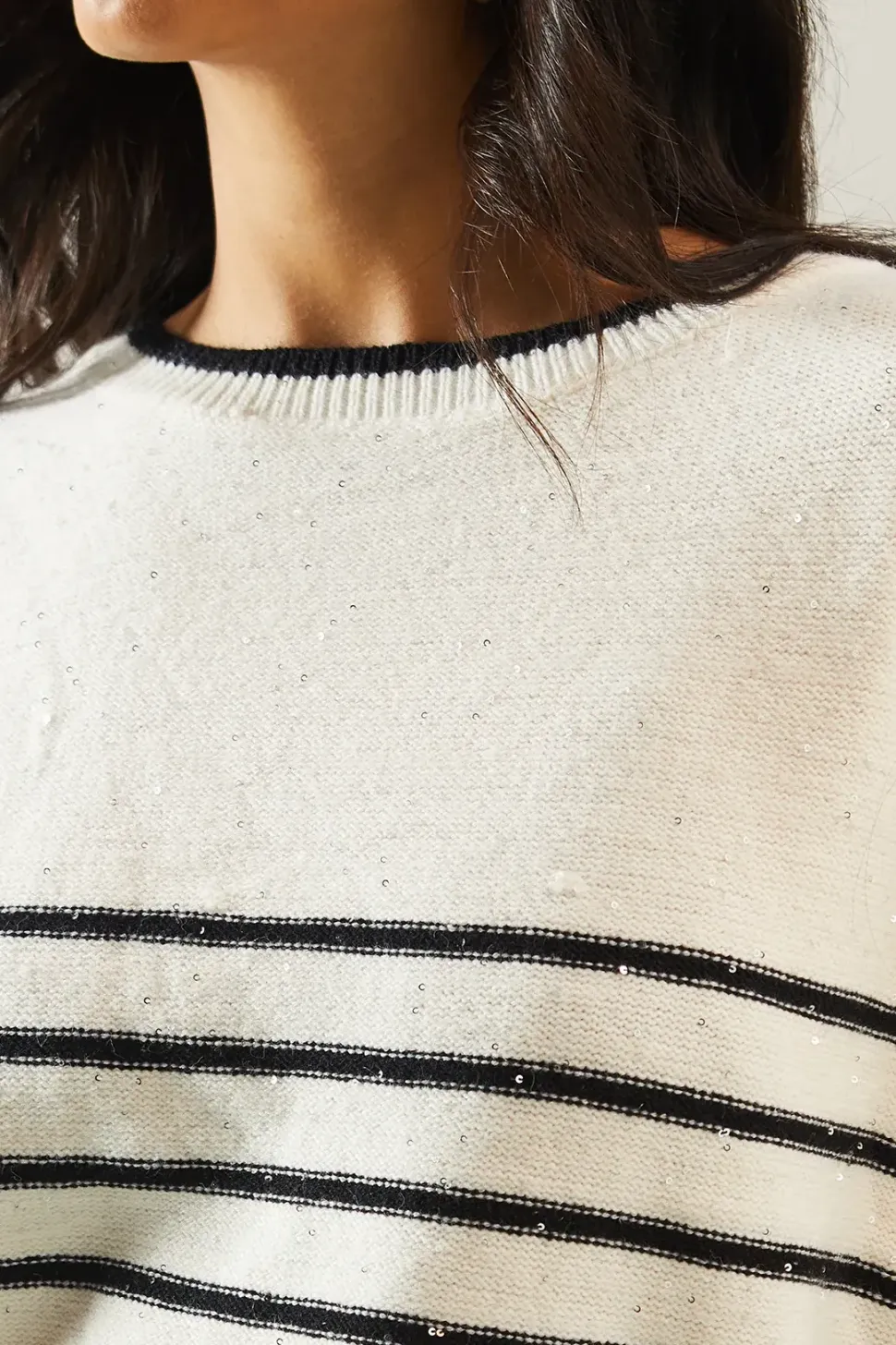 Sequin stripe crew neck jumper