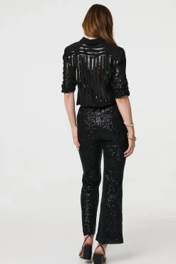 Sequin Striped Sheer Long Sleeve Shirt