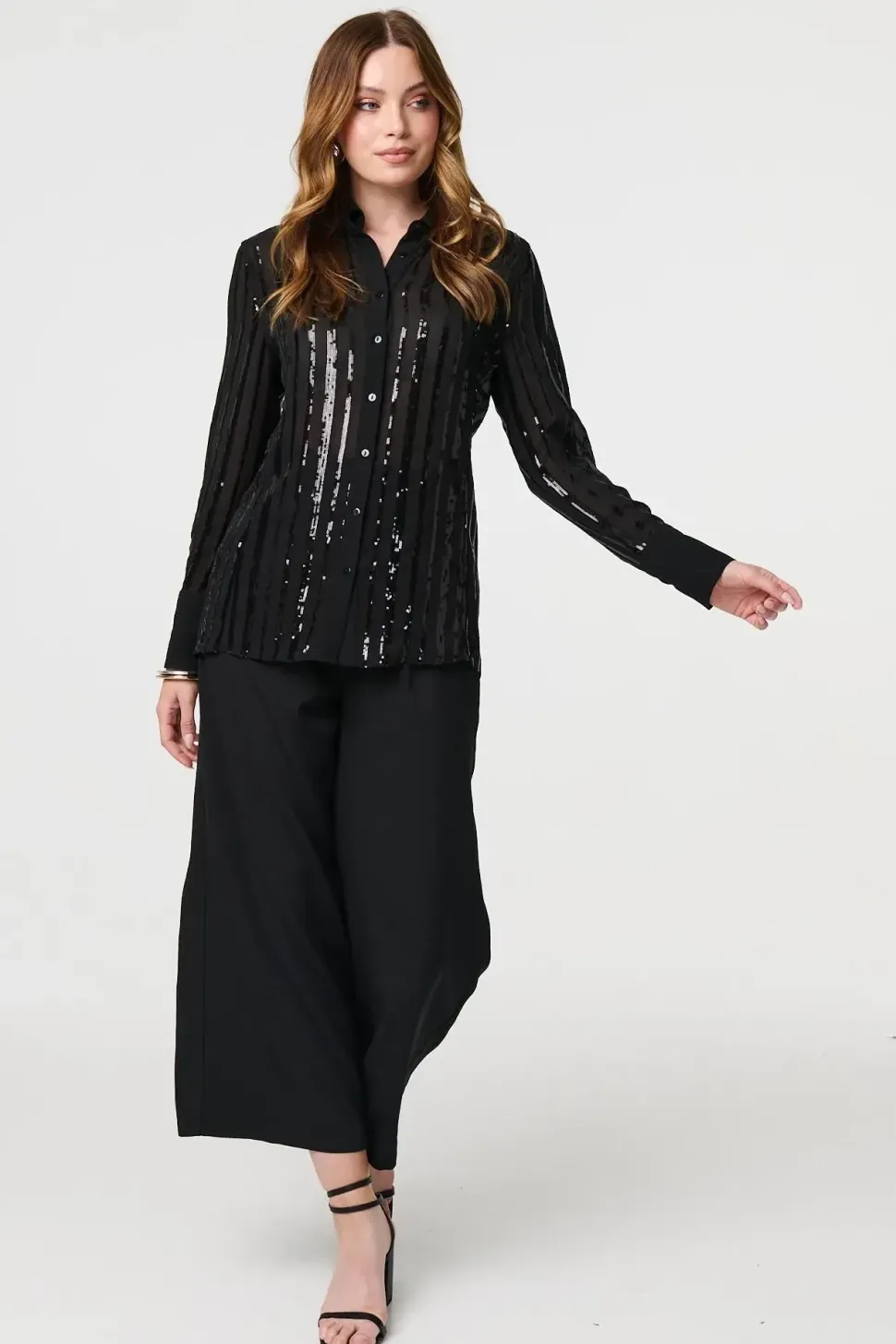 Sequin Striped Sheer Long Sleeve Shirt