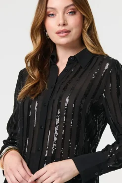 Sequin Striped Sheer Long Sleeve Shirt