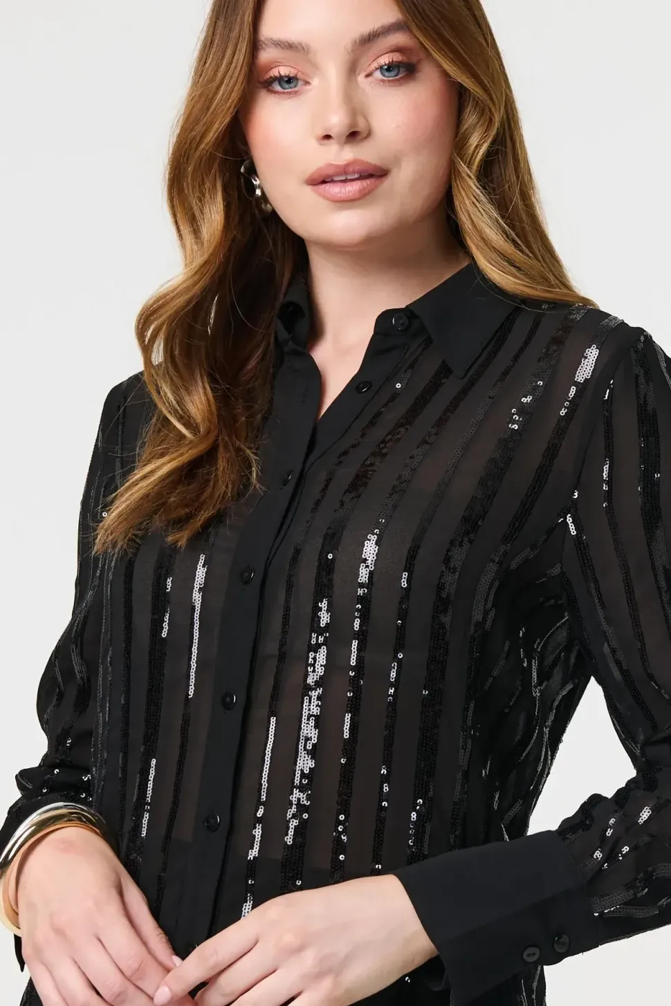 Sequin Striped Sheer Long Sleeve Shirt
