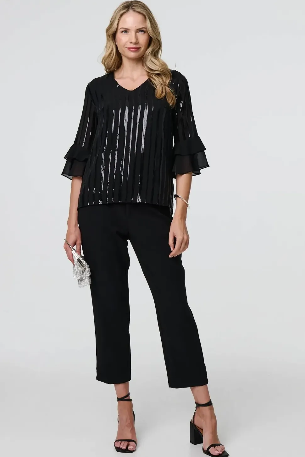 Sequin Stripe Ruffled 3/4 Sleeve Blouse