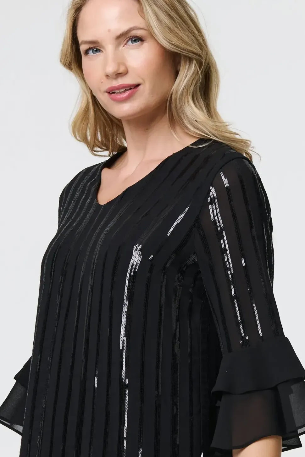 Sequin Stripe Ruffled 3/4 Sleeve Blouse