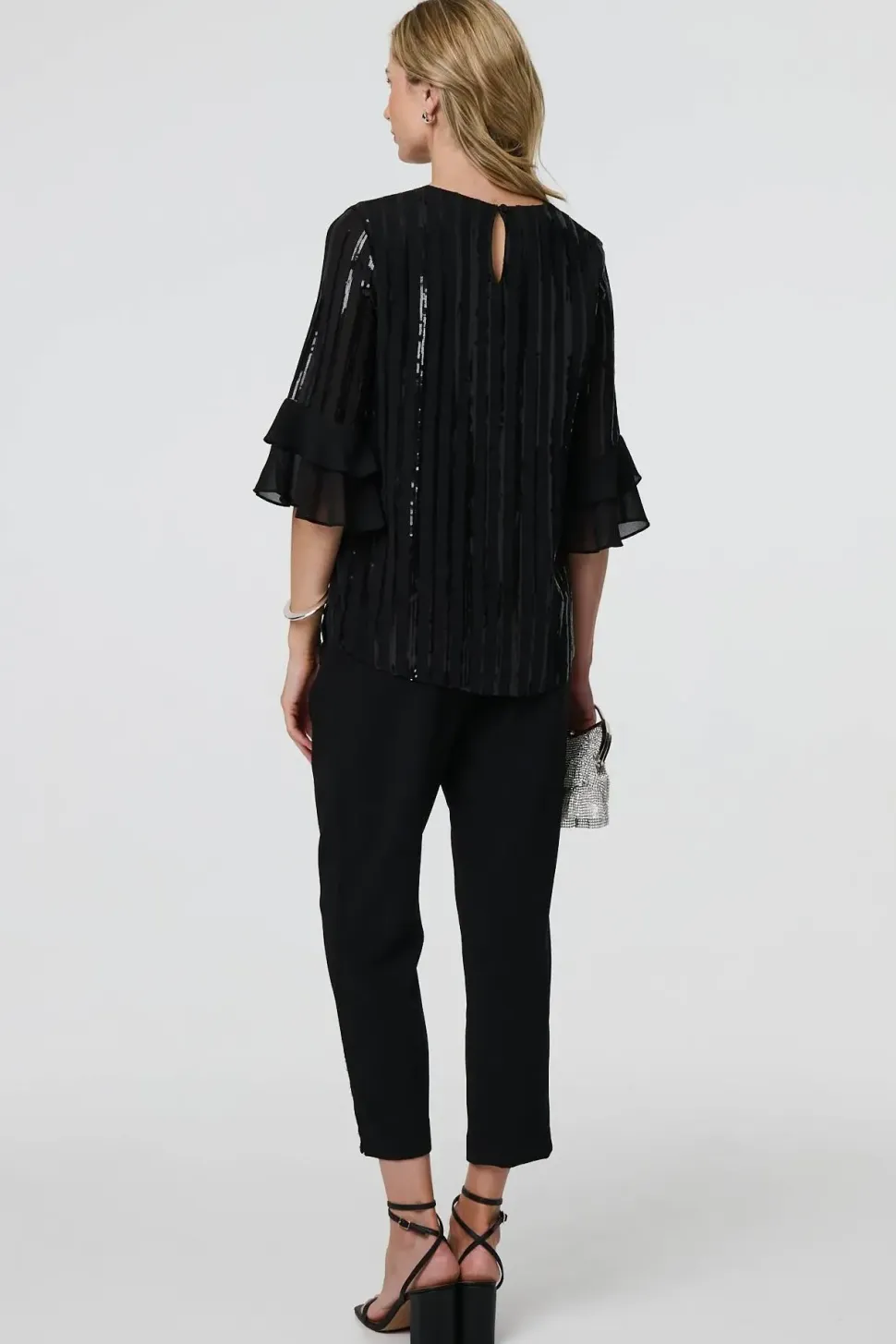 Sequin Stripe Ruffled 3/4 Sleeve Blouse