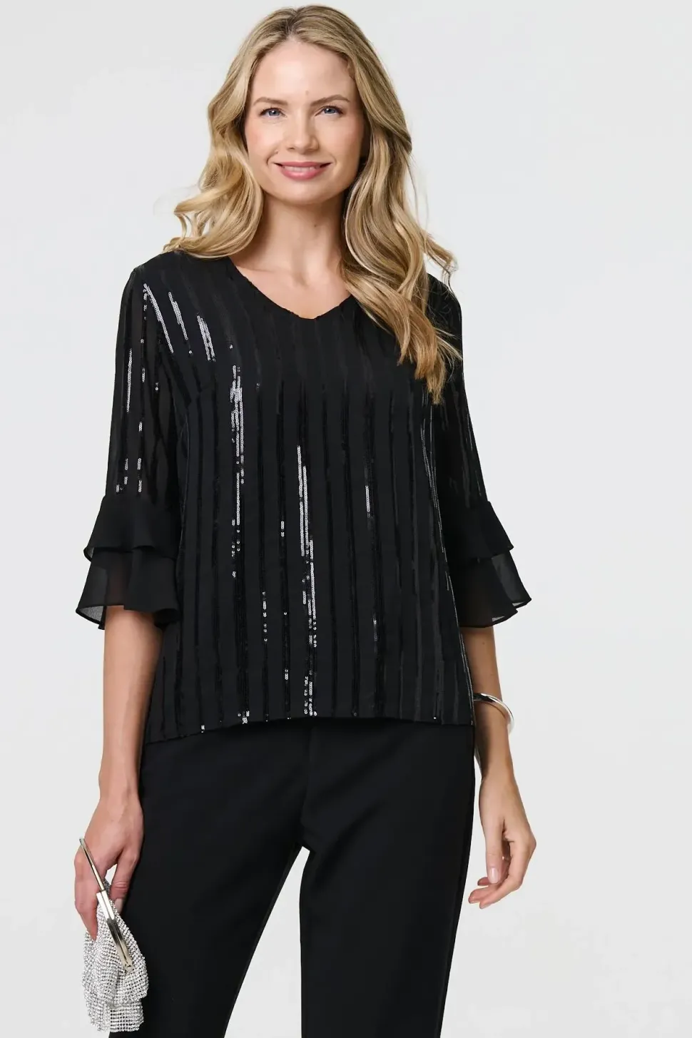 Sequin Stripe Ruffled 3/4 Sleeve Blouse