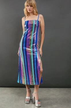 Sequin Stripe Strappy Split Side Midi Dress