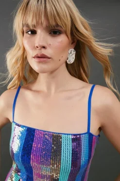 Sequin Stripe Strappy Split Side Midi Dress