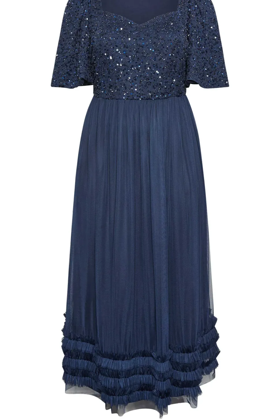 Sequin Sweetheart Ruffle Maxi Dress