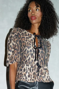 Sequin Tie Front Smock Blouse