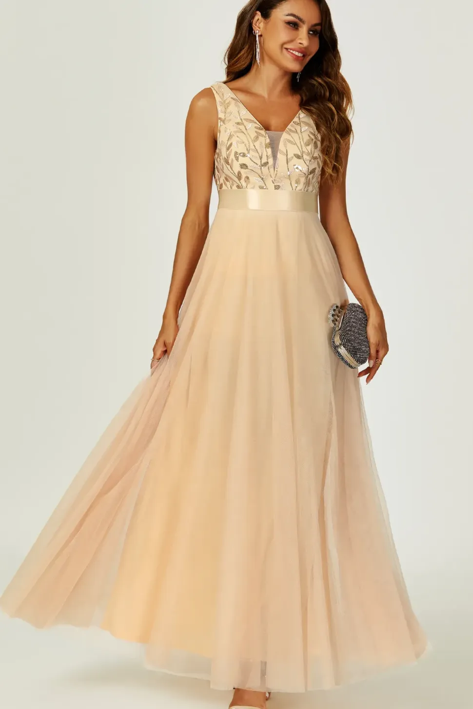 Sequin Top V Neck Bridesmaid Maxi Dress In Gold