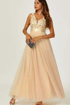 Sequin Top V Neck Bridesmaid Maxi Dress In Gold