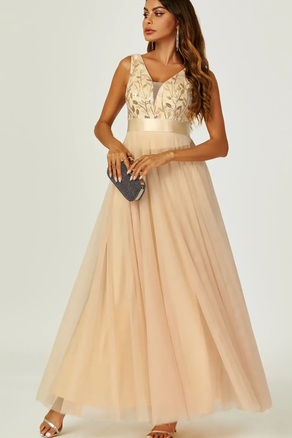 Sequin Top V Neck Bridesmaid Maxi Dress In Gold