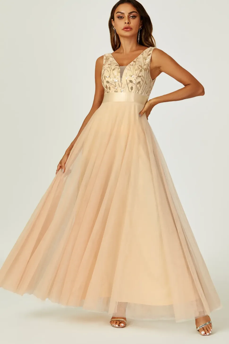 Sequin Top V Neck Bridesmaid Maxi Dress In Gold