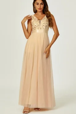 Sequin Top V Neck Bridesmaid Maxi Dress In Gold