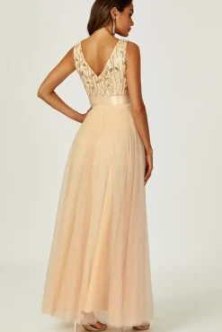 Sequin Top V Neck Bridesmaid Maxi Dress In Gold
