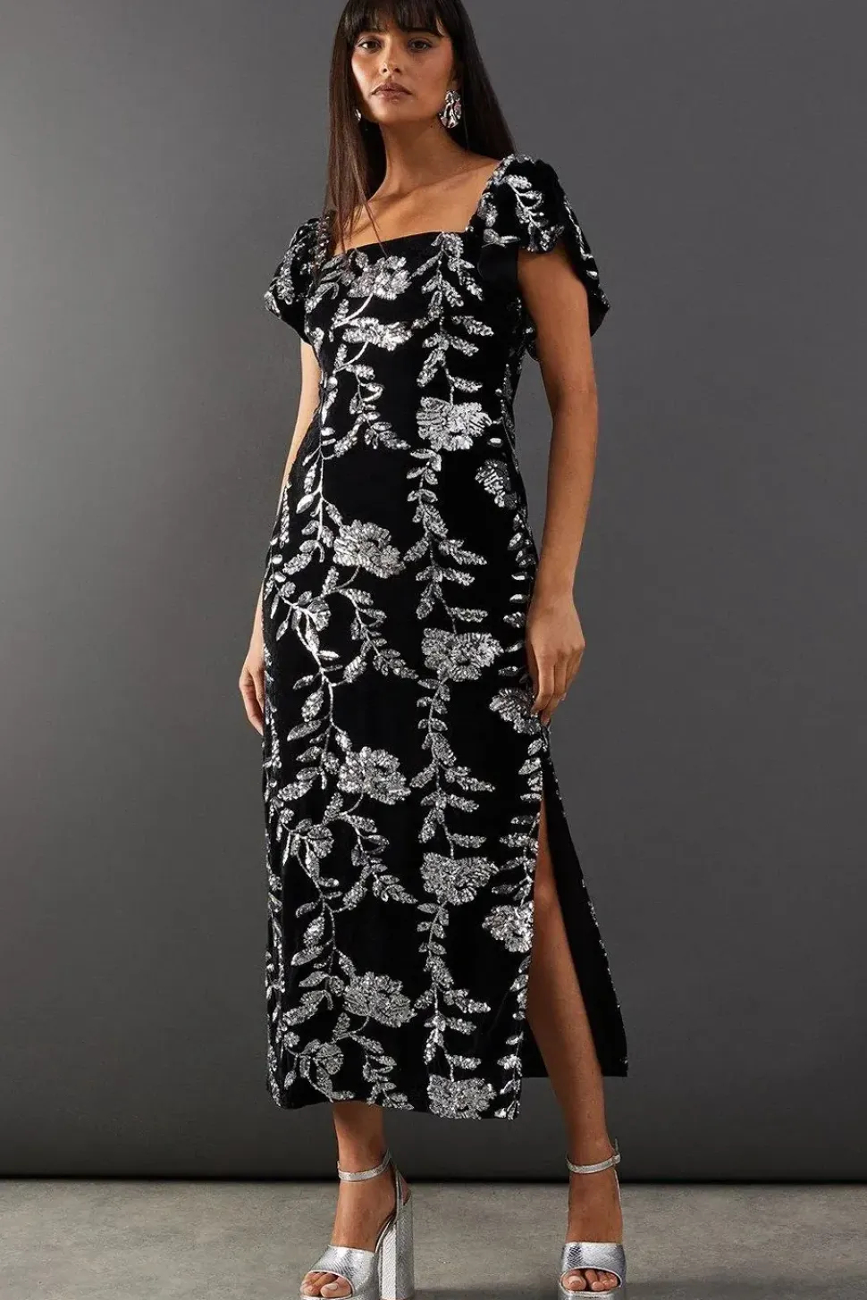 Sequin Velvet Square Neck Frill Strap Midi Dress